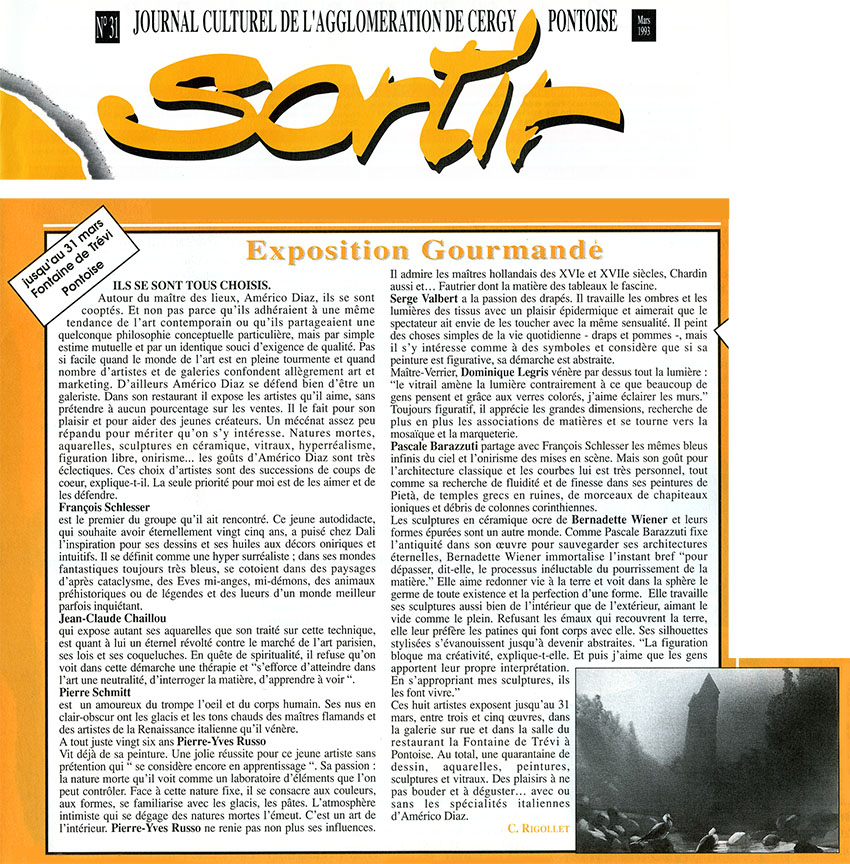 Article de Presse - Jounal Sortir N°31 - Exposition de 8 Artistes à la Fontaine de Trévi - Mars 1993